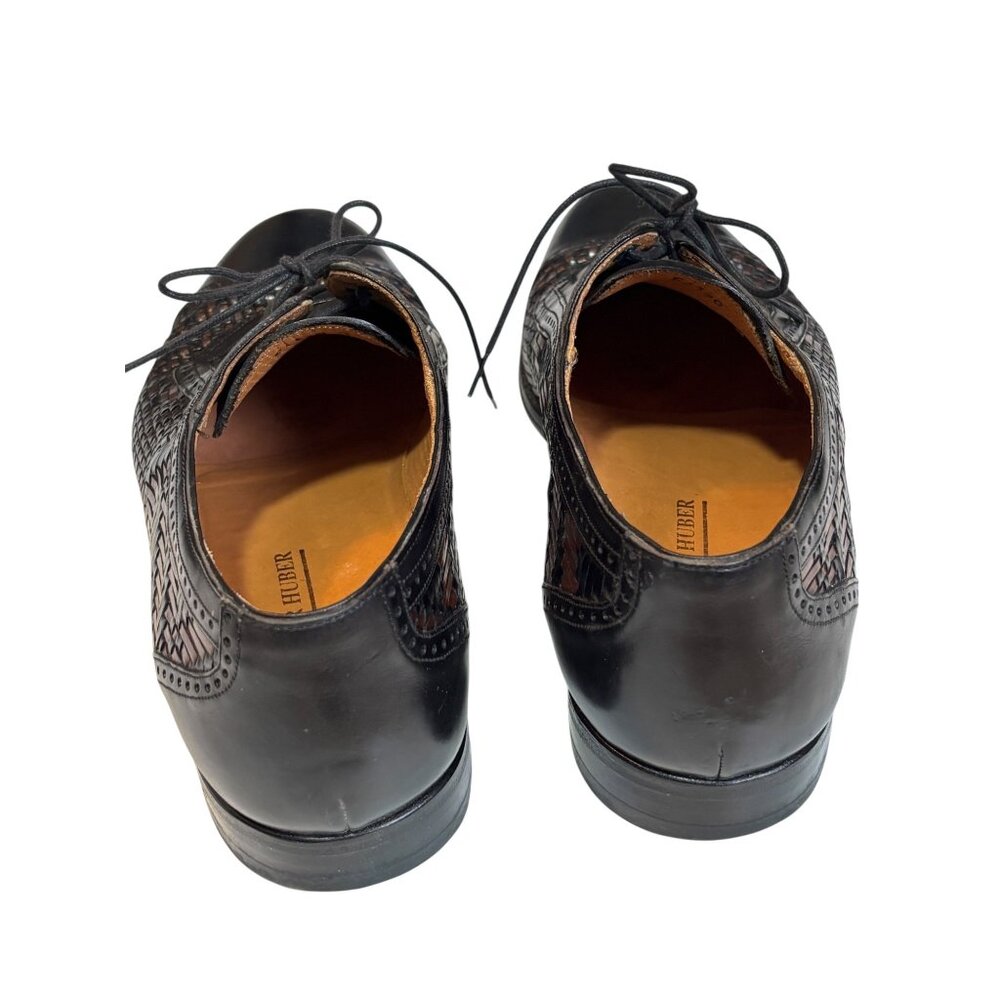 Peter Huber Italian Leather Oxford Shoes Black  Brown Woven Cap Toe Men Size 7.5 - Picture 3 of 14